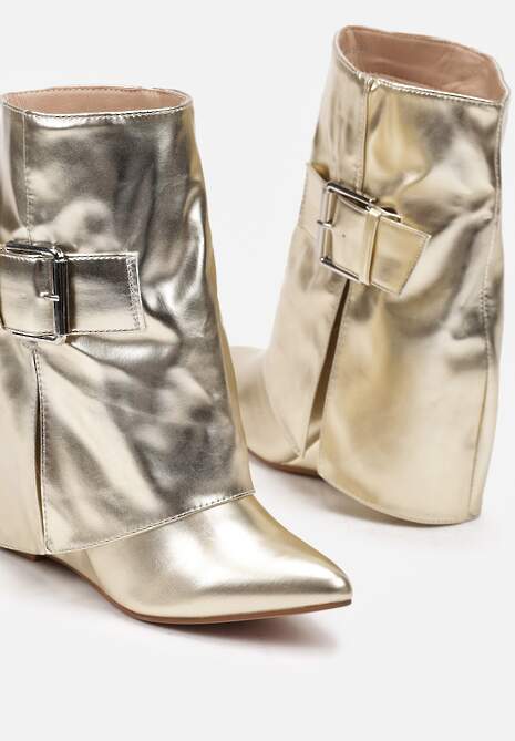 Złote Botki na Koturnie z Paskiem z Regulacją i Wywiniętą Cholewką Teritis