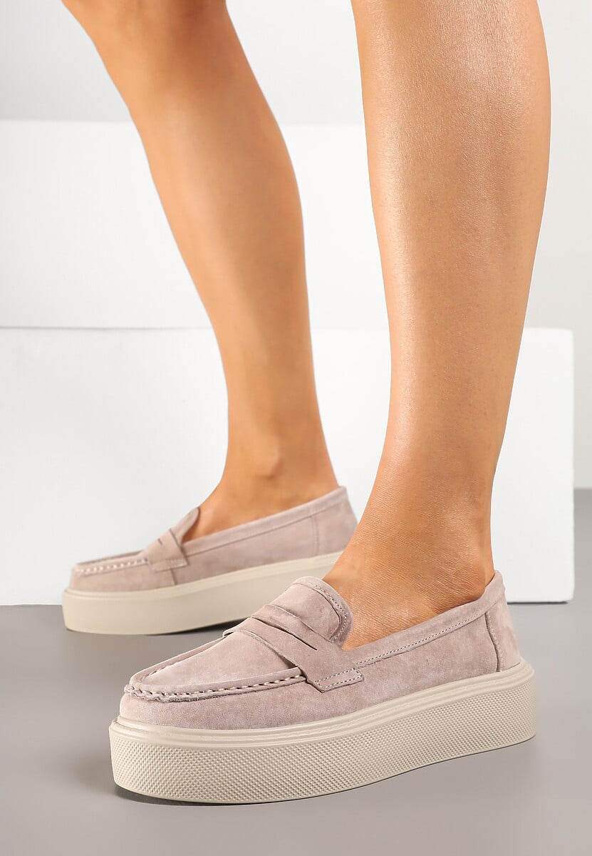 Beżowe Mokasyny na Grubej Podeszwie z Wkładką ze Skóry Naturalnej Polvia