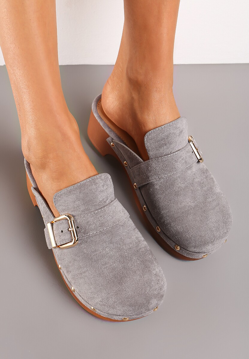 Szare Klapki Chodaki na Niskim Słupku z Nitami i Paskiem z Klamrą Anquia