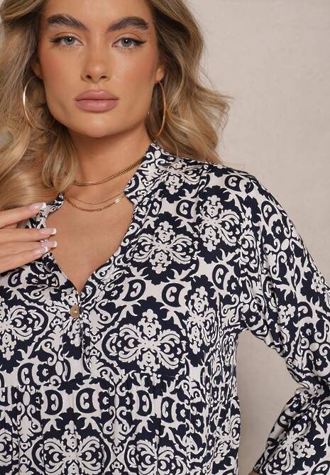 Granatowa Rozkloszowna Sukienka z Bawełny w Ornamentalny Wzór z Falbaną Lanariella