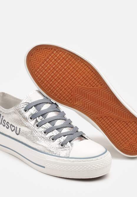 Srebrno-Niebieskie Brokatowe Trampki z Napisem i Niską Cholewką Borlevi