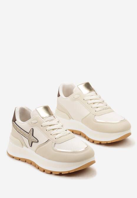 Beżowe Sneakersy na Niskiej Platformie z Ozdobnymi Wstawkami na Cholewce Suno
