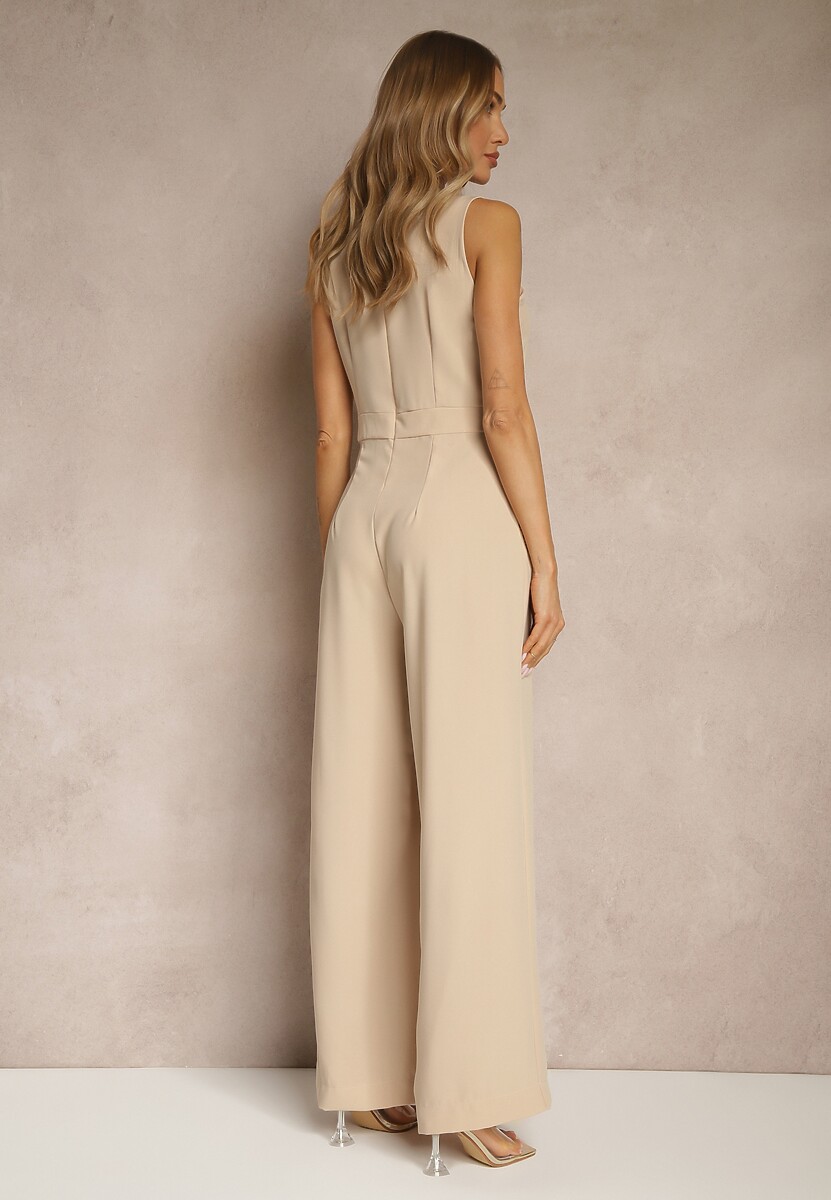 Beżowy Kombinezon Bez Rękawów z Nogawkami Wide Leg Noreldi