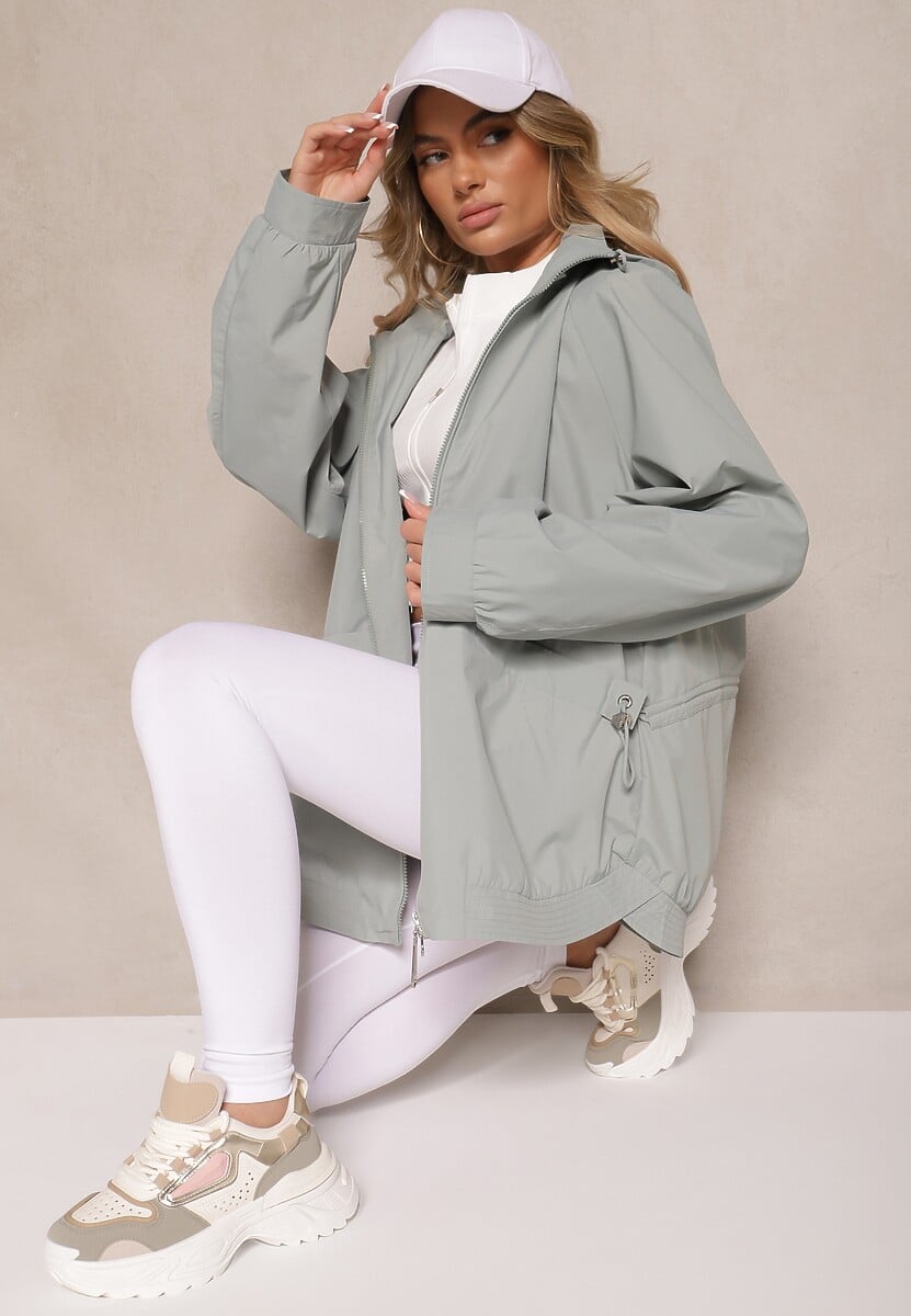 Jasnozielona Pudełkowa Kurtka o Kroju Parki ze Ściągaczem i Kapturem Sesailis