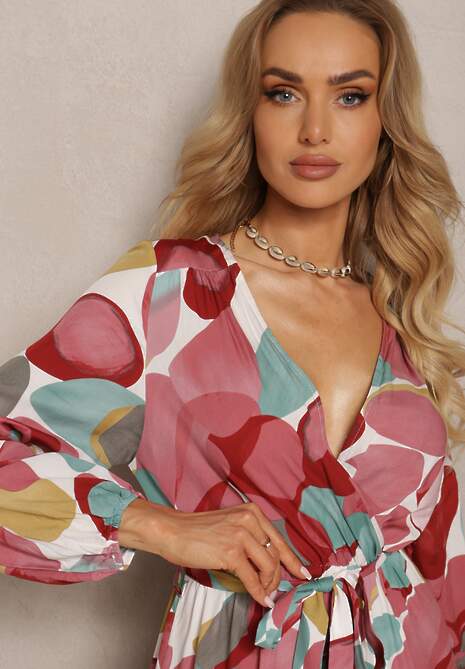 Czerwono-Zielona Sukienka z Wiskozy o Trójkątnym Dekolcie z Gumką w Talii i Materiałowym Paskiem Fiavena