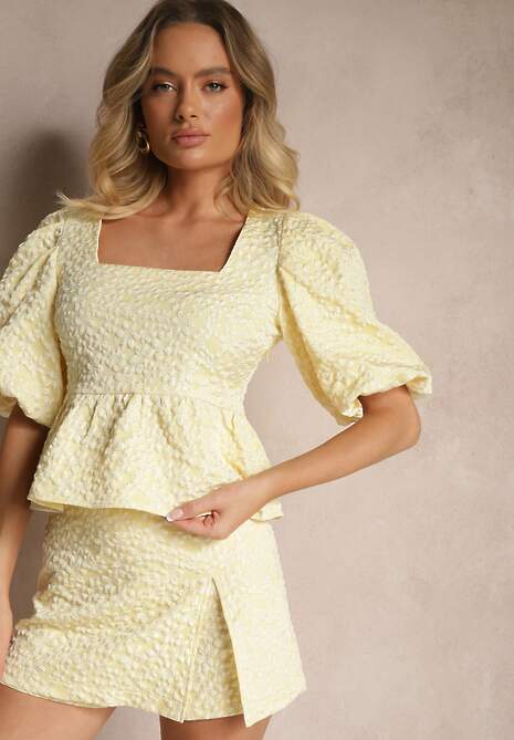 Żółta Bluzka we Wzór w Kwiaty z Falbaną i Bufiastymi Rękawami Gonavira