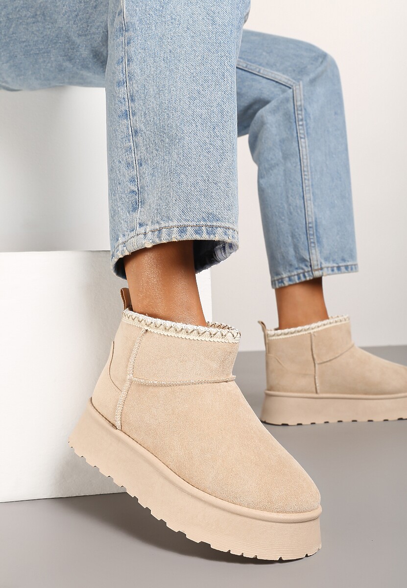 Beżowe Śniegowce na Platformie Ozdobione Haftem Deccaria