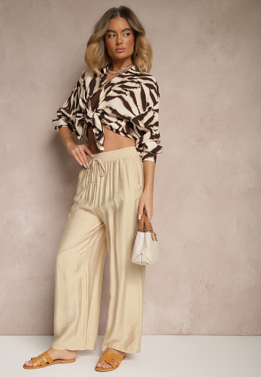 Beżowe Spodnie Typu Palazzo o Szerokim Kroju High Waist Ozdobione Wiązaniem Yaslevia