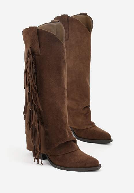 Brązowe Kozaki Kowbojki na Stożku z Cholewką Imitującą Nogawkę z Frędzlami Monettea