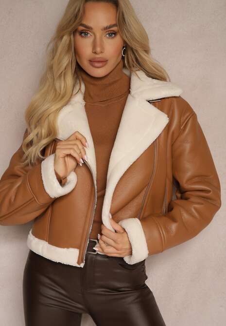 Brązowa Krótka Kurtka Biker z Futerkowym Obszyciem i Klamerkami Laorissa