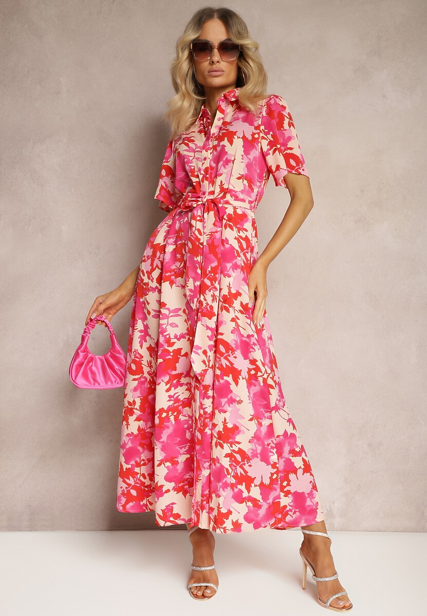 Czerwono-Różowa Koszulowa Sukienka w Kwiaty z Krótkim Rękawem i Materiałowym Paskiem Moahia