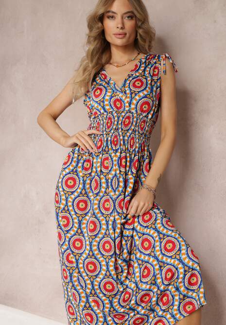 Niebiesko-Czerwona Rozkloszowana Sukienka z Wiskozy w Fantazyjny Print Karlene