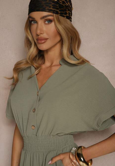 Zielony Wiskozowy Kombinezon z Dekoltem w Serek Zapinany na Guziki Anisora