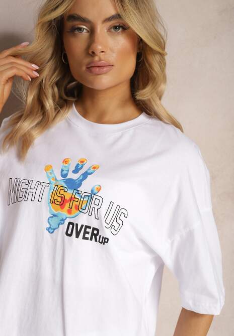 Biały Bawełniany T-shirt z Nadrukami z Przodu i z Tyłu Dianara