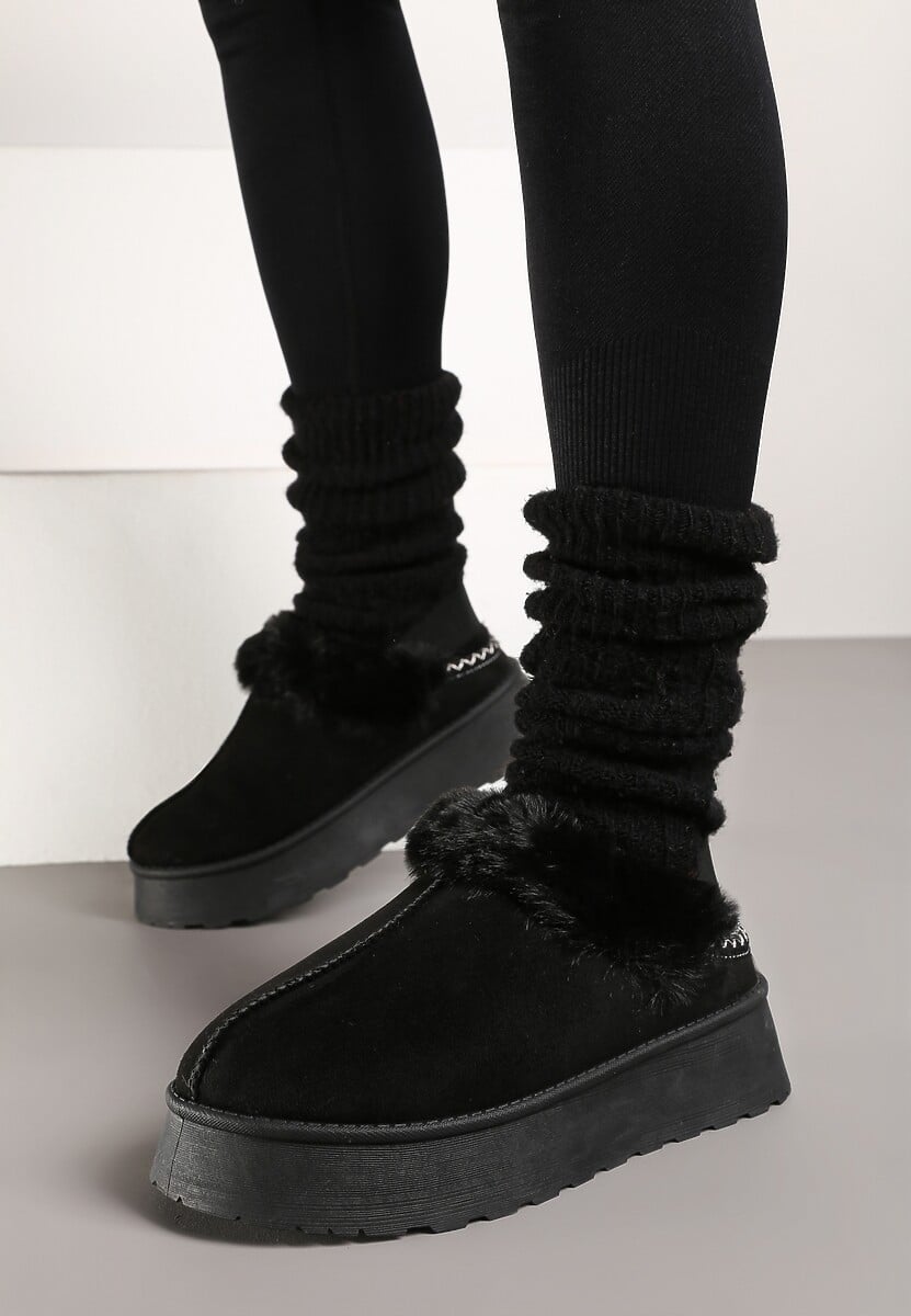 Czarne Śniegowce na Platformie Ozdobione Futerkiem i Paskiem na Pięcie Inarine