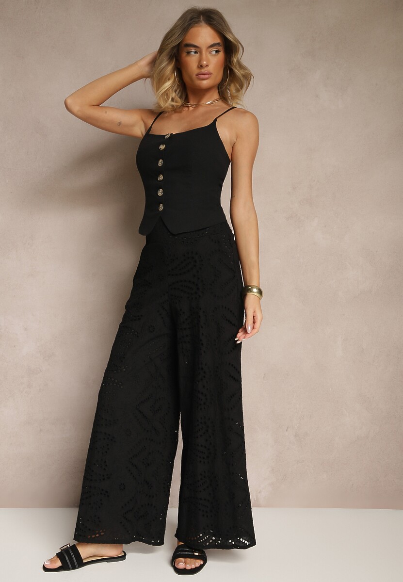 Czarne Ażurowe Spodnie z Bawełny High Waist o Szerokim Kroju Evinassa
