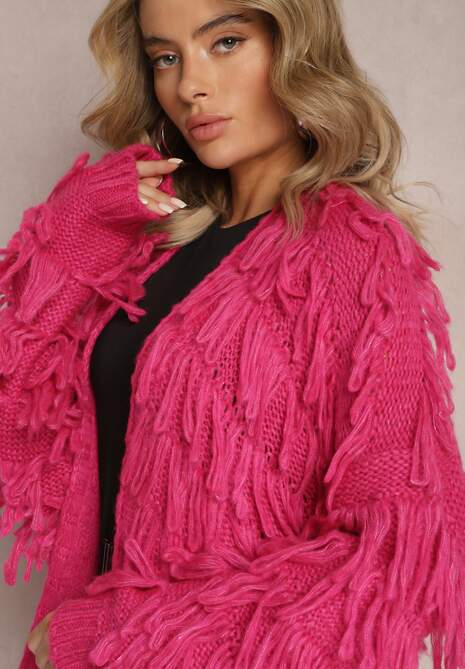 Fuksjowy Niezapinany Kardigan w Ozdobne Frędzle Massawa