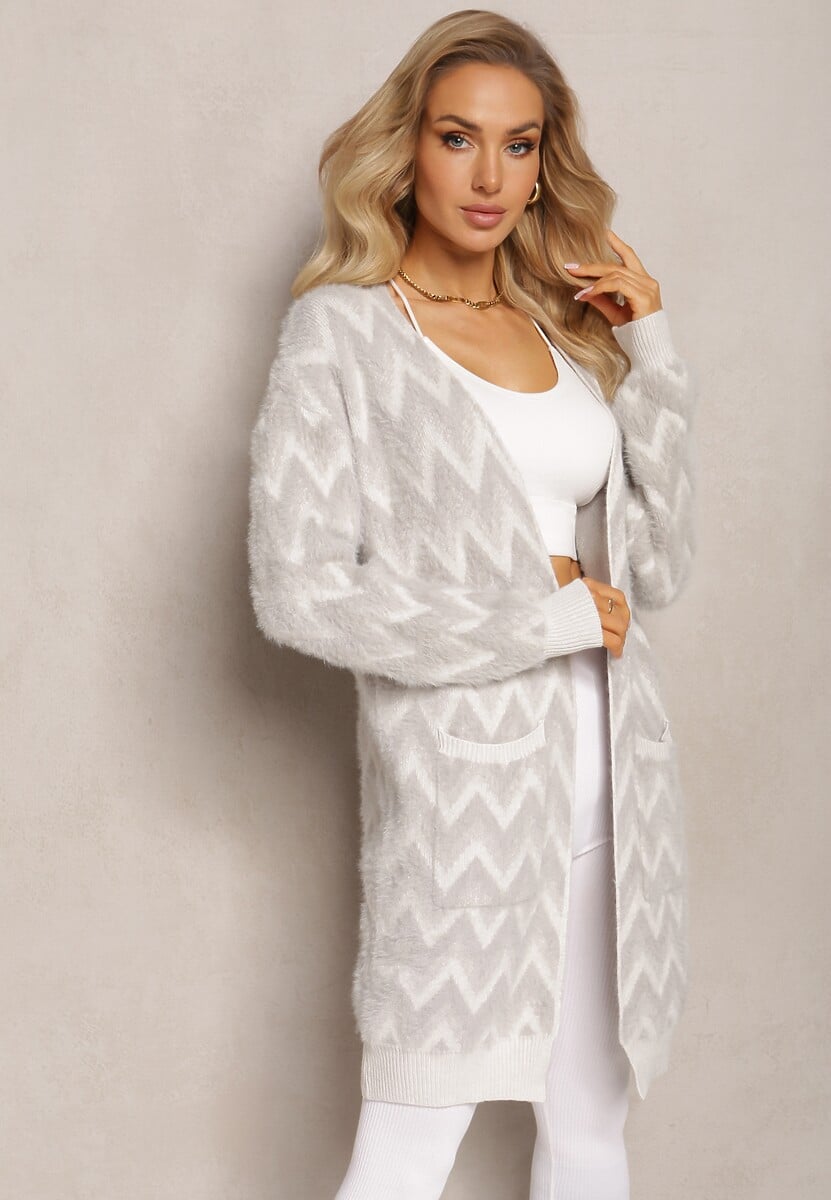 Szary Niezapinany Kardigan o Przedłużonym Fasonie w Zygzaki Chevron Oherna