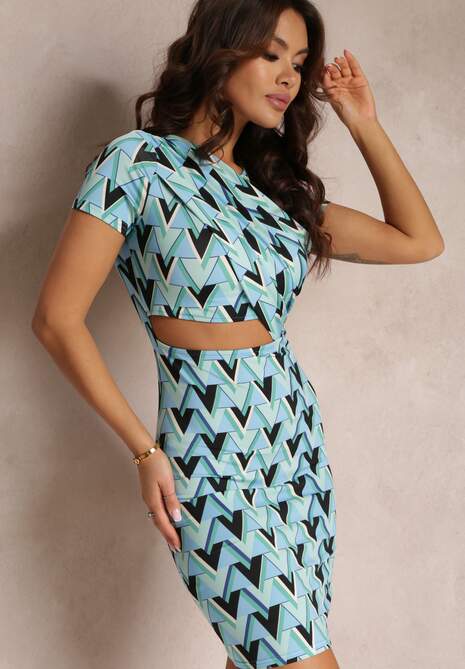 Niebieska Sukienka Dopasowana z Wycięciem w Geometryczny Print Larai
