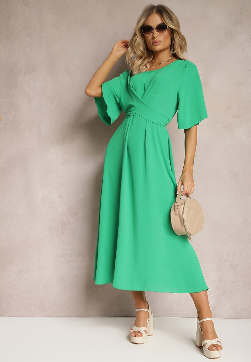 Ciemnozielona Rozkloszowana Sukienka Maxi z Szerokim Rękawem i Gumką w Pasie Sador