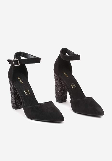 Czarne Czółenka Vices na Słupku z Brokatowym Obcasem i Paskiem Wokół Kostki Izalithea