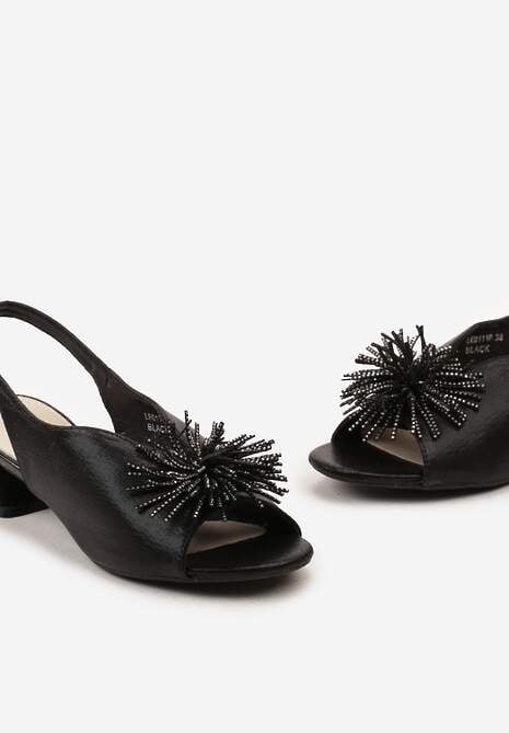 Czarne Sandały Vices na Słupku ze Skórzaną Wkładką z Pomponem i Cyrkoniami Tiraga