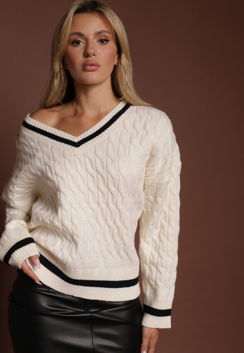 Jasnobeżowy Sweter w Stylu Preppy z Dodatkiem Kaszmiru i Warkoczowym Splotem Belmire