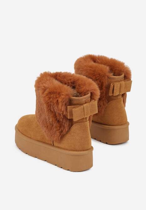 Jasnobrązowe Śniegowce z Cholewką za Kostkę Ocieplane z Futerkiem i Małą Kokardą Reinedia