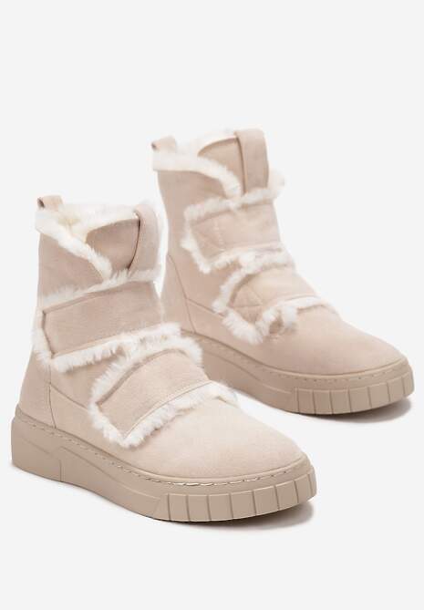 Beżowe Botki za Kostkę z Ozdobnym Futerkiem Eskara