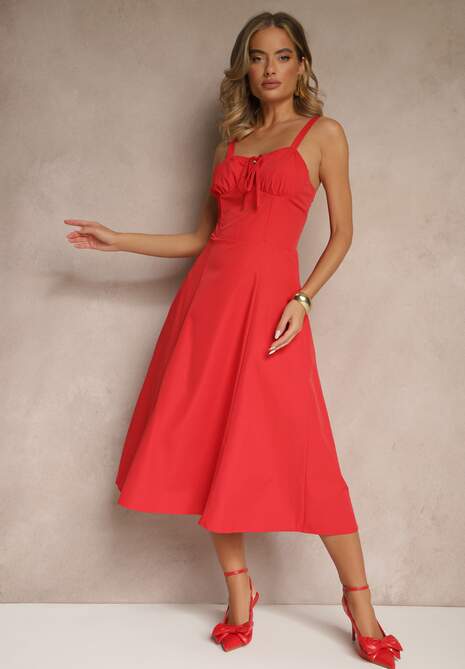 Czerwona Koktajlowa Sukienka Gorsetowa Vices z Rozkloszowanym Dołem Kolinnea