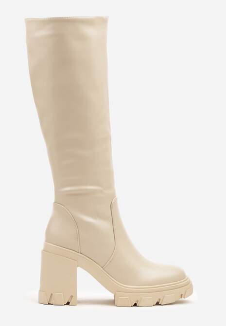 Beżowe Casualowe Kozaki na Słupku z Dopasowaną Cholewką Avanielle