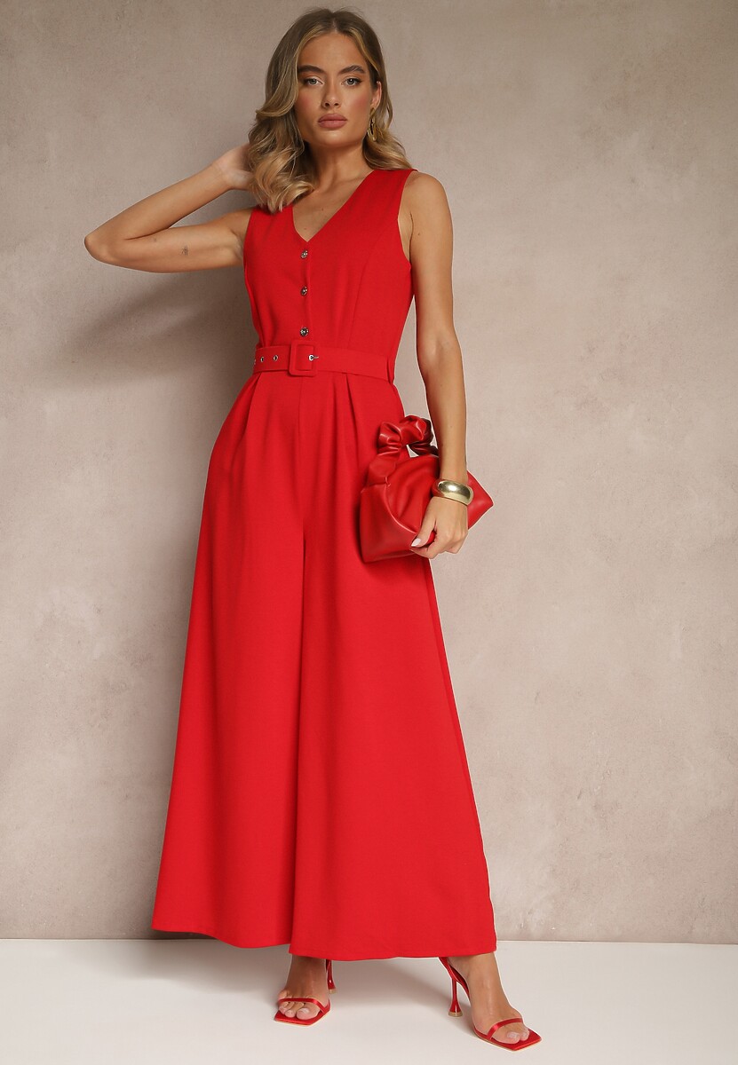 Czerwony Kombinezon o Taliowanym Kroju z Wiskozą i Paskiem Raliorea