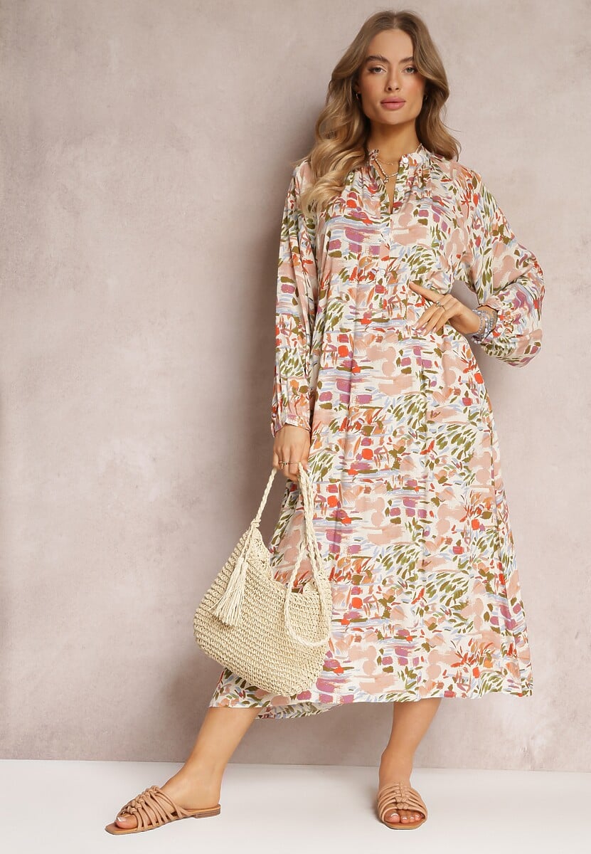 Różowo-Zielona Rozkloszowana Sukienka w Abstrakcyjny Wzór i Górą Zapinaną na Guziki Skylare