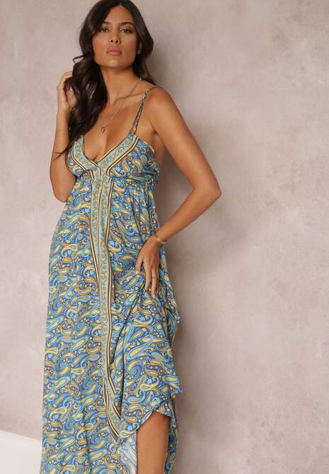 Niebieska Rozkloszowana Sukienka Maxi Wiązana na Szyi z Wiskozy z Printem Paisley Olympie