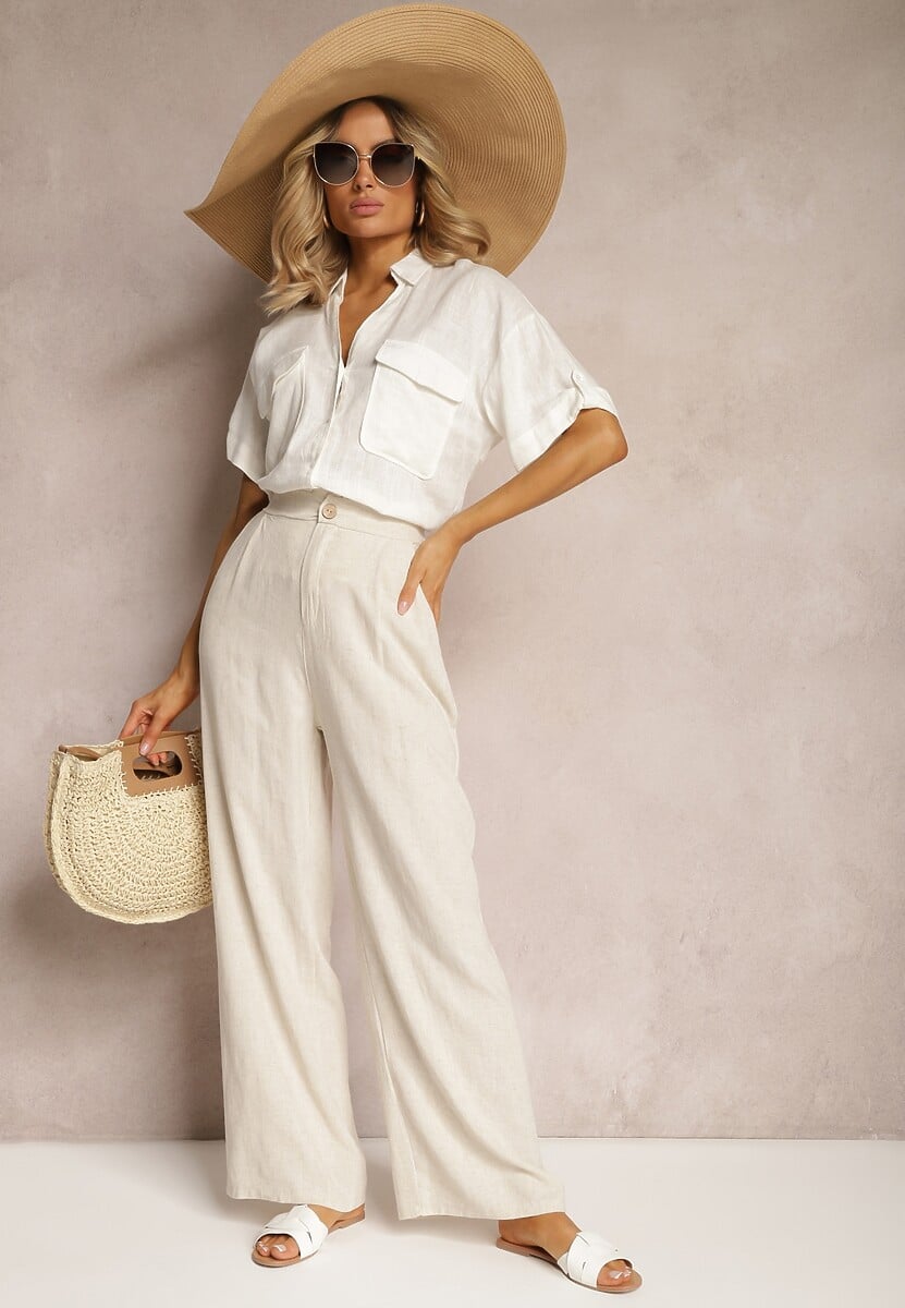 Białe Spodnie z Szerokimi Prostymi Nogawkami High Waist z Lnem Amivesa