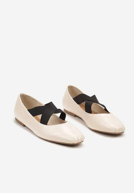 Beżowe Balerinki na Płaskiej Podeszwie z Gumką Elianora