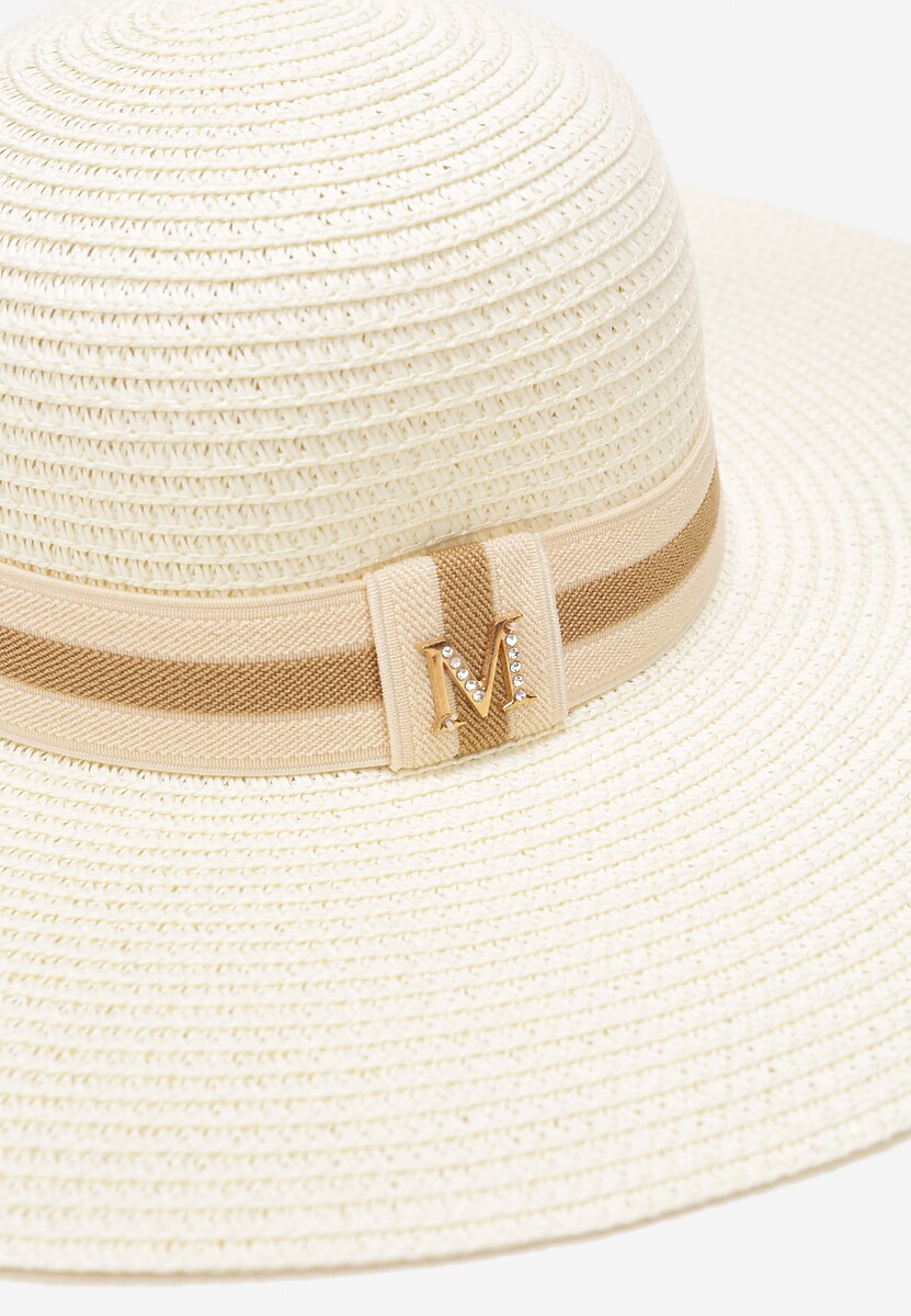 Beżowy Szeroki Kapelusz Słomiany z Ozdobą w Cyrkonie Jazzed