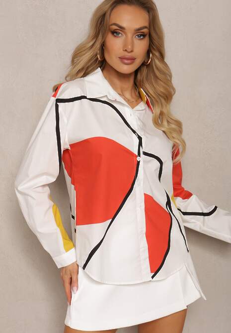 Jasnobeżowa Koszula z Bawełny Zapinana na Guziki z Kołnierzem o Nieregularnym Wzorze Pilines