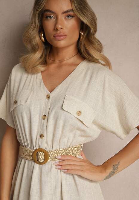 Beżowa Koszulowa Sukienka Midi z Bawełny z Gumką w Talii i Plecionym Paskiem Emera