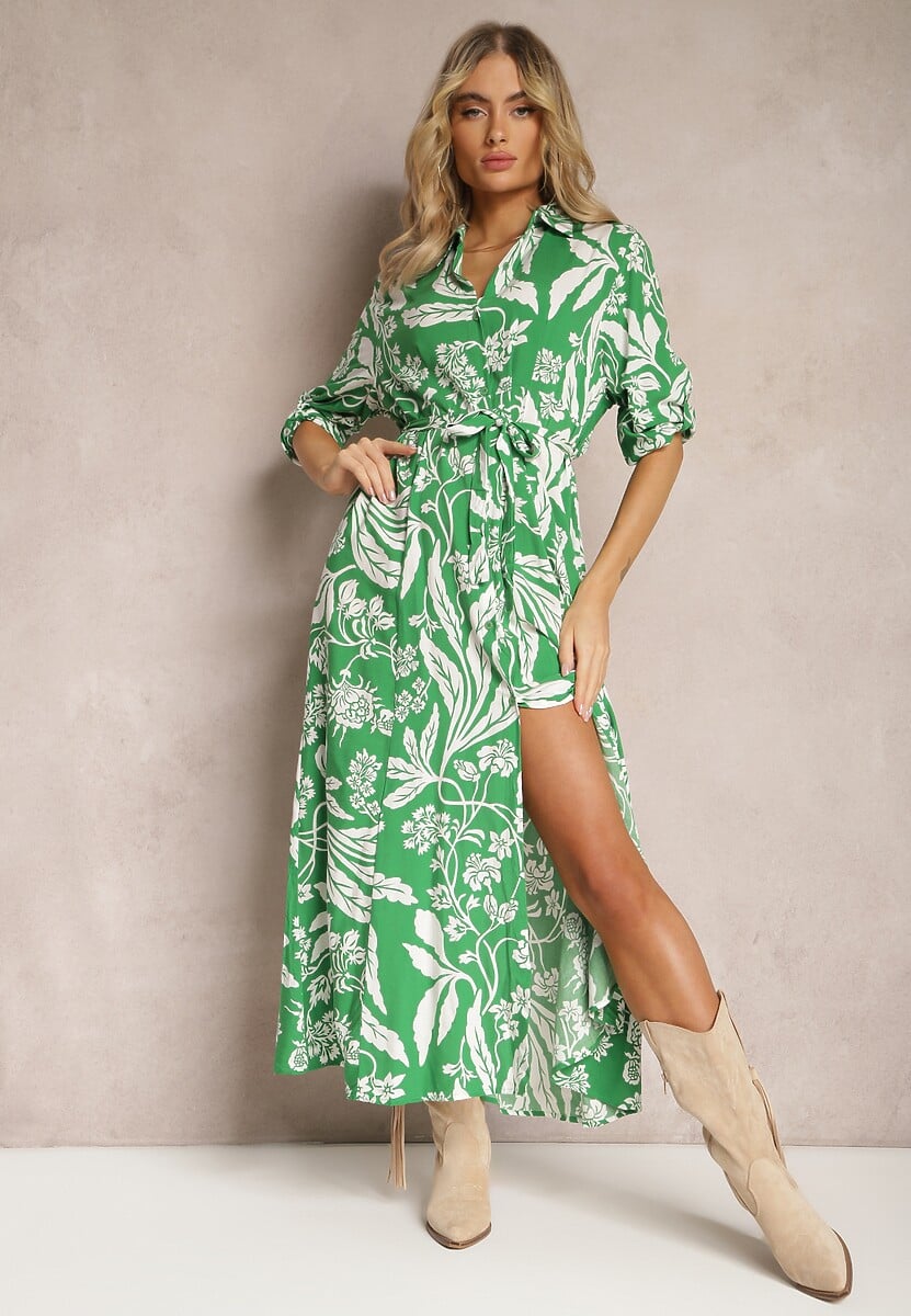 Zielono-Biała Sukienka o Długim Koszulowym Fasonie z Wzorem w Kwiaty Seraplle