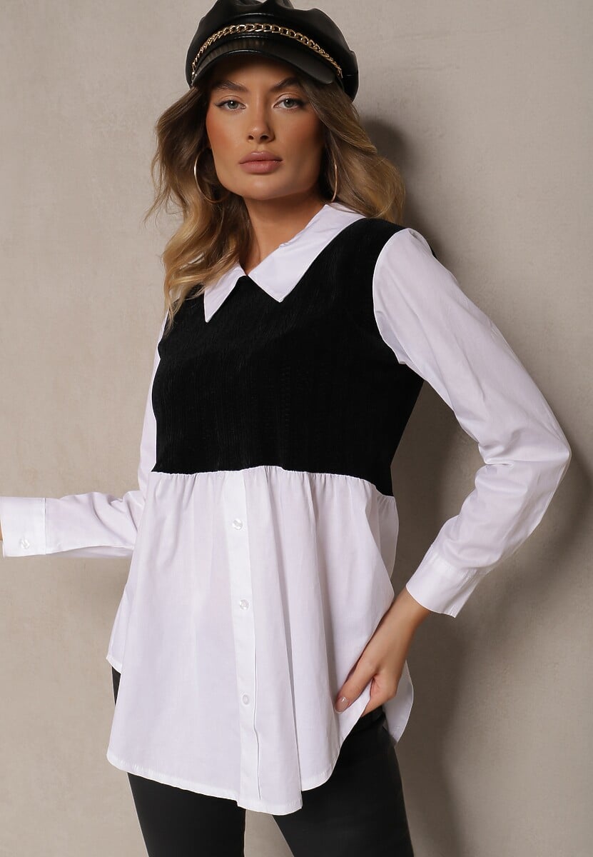 Biało-Czarna Bluzka z Bawełną o Koszulowym Kroju Połączona z Dzianinową Kamizelką Etavielis