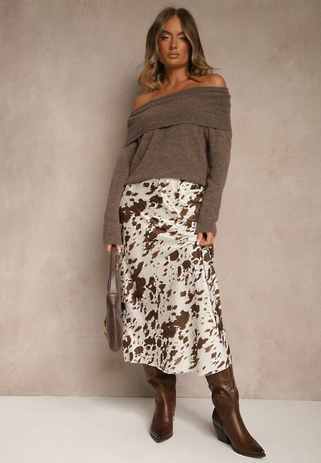 Brązowa Spódnica z Satynowej Tkaniny Zdobiona Krowim Printem Kolorea