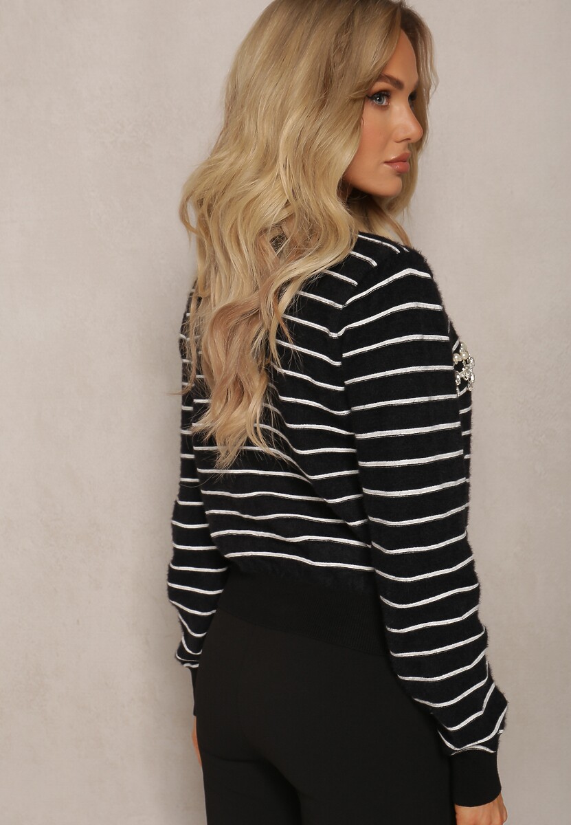 Czarny Kardigan z Wiskozy Ozdobiony Guzikami Cyrkoniami oraz Koralikami w Paski Sereia