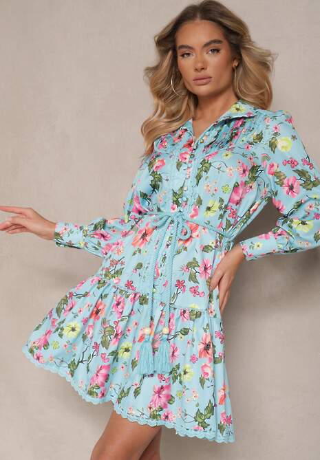 Niebieska Rozkloszowana Sukienka z Koronkowymi Wstawkami i Sznurkiem Payten