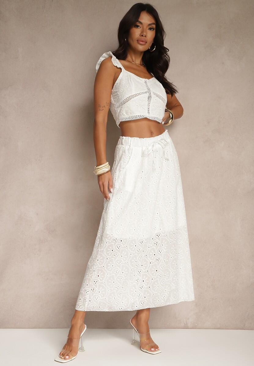 Biały Boho Komplet Top Koronkowy na Ramiączkach Spódnica z Gumką w Pasie Evoolia