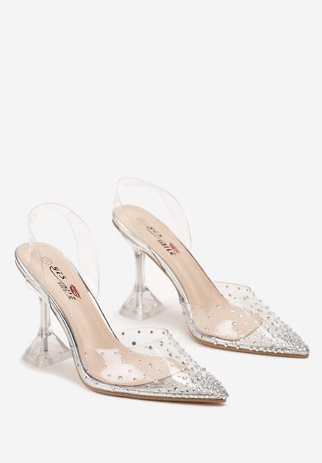 Srebrne Sandały z Transparentną Cholewką Ozdobioną Cyrkoniami na Geometrycznym Obcasie Cedrella