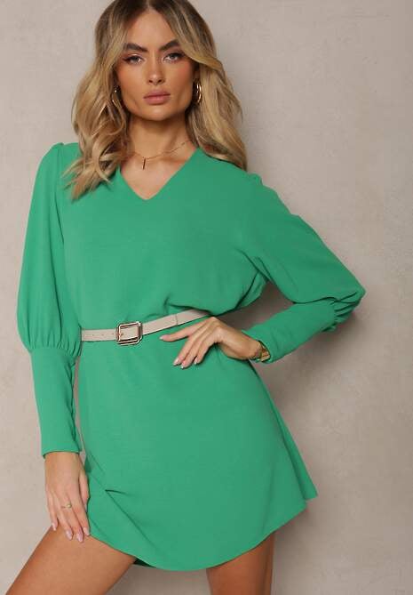 Zielona Pudełkowa Sukienka z Rozkloszowanym Dołem i Bufiastymi Rękawami Kaimana