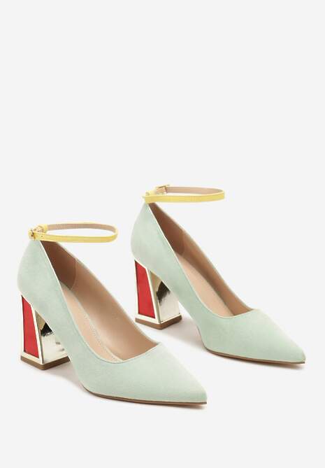 Jasnozielone Czółenka na Słupku Ozdobione Paskiem i Metaliczną Aplikacją Lannethe