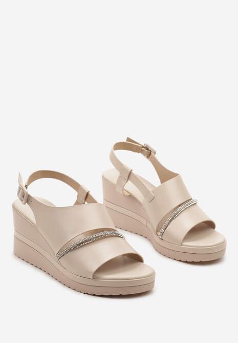 Beżowe Sandały na Koturnie bez Pięty z Paskiem z Cyrkoniami Azarepia