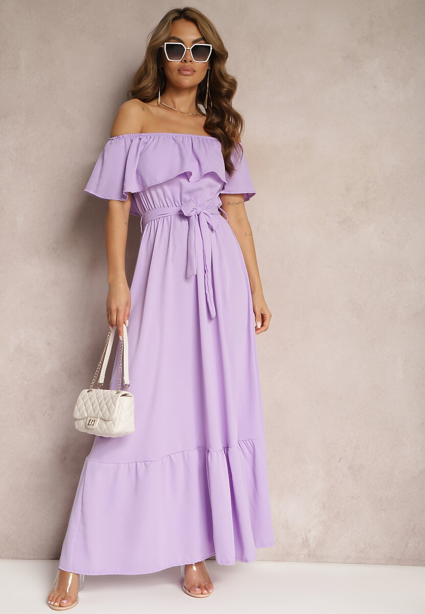 Fioletowa Hiszapanka Sukienka o Rozkloszowanym Fasonie z Falbanką Naviara